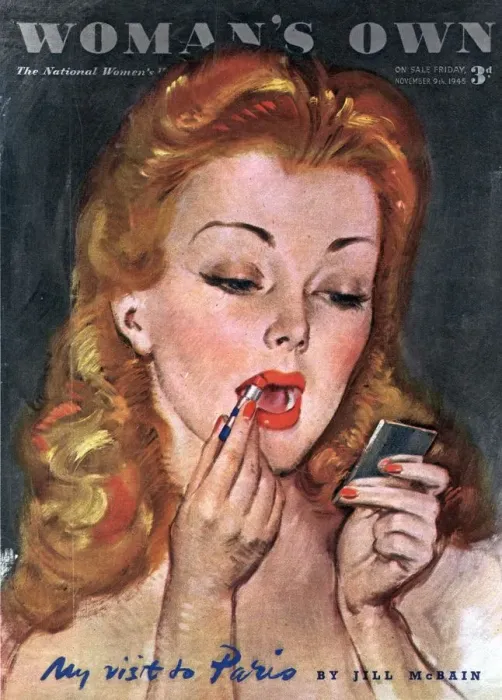 Framed Print : Womans Own 1945 1940s UK make-up makeup lipsticks putting on magazines