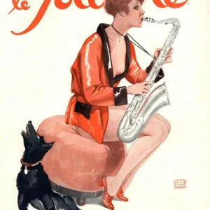 1920s French Print of a Woman Smiling with Saxophones 1920s French Print of a Woman Smiling with Saxophones