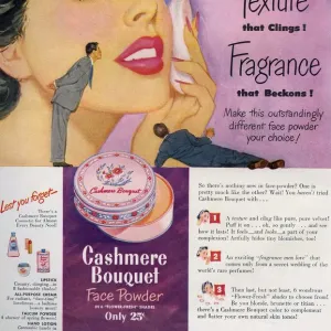 Cashmere Bouquet 1950 1950s USA makeup make-up face powder puffs applying