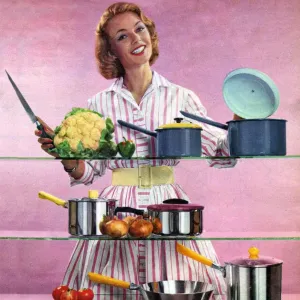 Happy Housewife in Kitchen 1960s UK pans pots housewives Happy Housewife in Kitchen 1960s UK pans pots housewives
