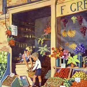 Infant School Illustrations 1950s UK grocers greengrocers fruit vegetables Enid Blyton