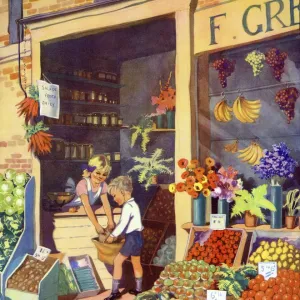 Infant School Illustrations 1950s UK grocers greengrocers fruit vegetables Enid Blyton