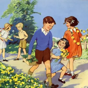 1950s UK Infant School Print: Children Picking Flowers 1950s UK Infant School Print: Children Picking Flowers