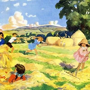 Infant School Illustrations 1950s UK playing harvesting harvesters making hay farming