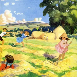 Infant School Illustrations 1950s UK playing harvesting harvesters making hay farming