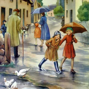 Infant School Illustrations 1950s UK raining umbrellas Enid Blyton winter weather