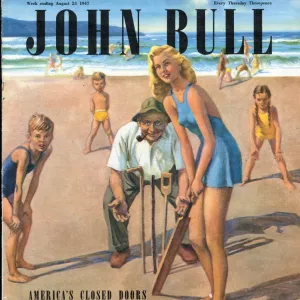 John Bull 1947 1940s UK holidays beaches seaside sea sand cricket bats fielders games