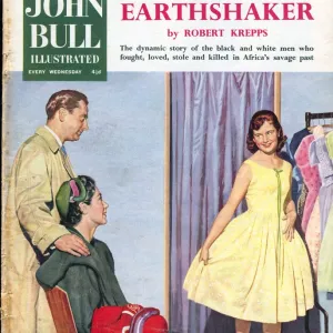 John Bull 1950s UK trying on womens magazines clothing clothes