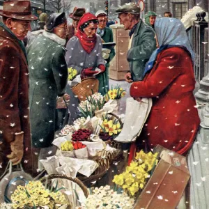 John Bull 1954 1950s UK flowers stalls snowing shopping markets winter cold weather