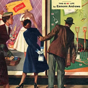 John Bull 1956 1950s UK couples window shopping dresses tools magazines clothing clothes