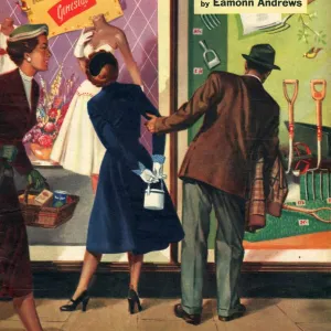 John Bull 1956 1950s UK couples window shopping dresses tools magazines clothing clothes