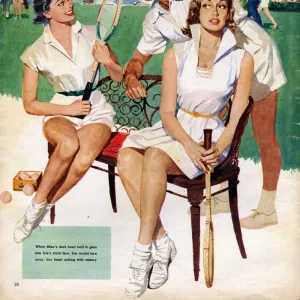 Tennis 1953 1950s UK Maudson tennis players flirting gossips gossiping mens womens