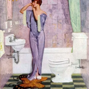 Woman in Bathroom 1930s UK cc cc interiors bathrooms toilets womens nightdresses