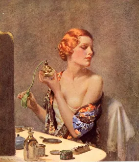 1930s UK perfume woman doing her make-up budoir putting on perfume atomisers makeup 1930s UK perfume woman doing her make-up budoir putting on perfume atomisers makeup