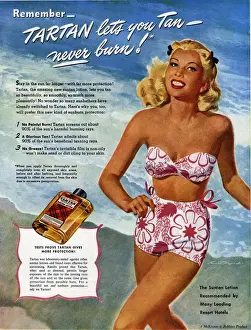 Womens Prints: 1940s USA tartan lotions swim suits swimwear swimming creams costumes womens suntans