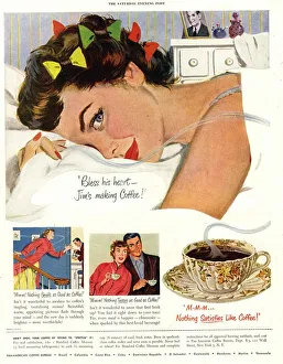 1950s USA sleep sleeping coffee smell aroma wak breakfast in bed expression 1950s USA sleep sleeping coffee smell aroma wak breakfast in bed expression