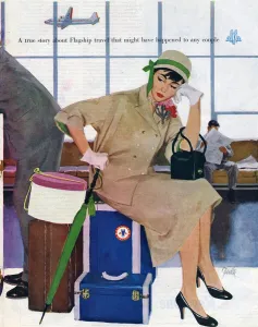 Story Illustration Prints: American Airlines 1953 1950s USA Al Parker waiting luggage airports delays disasters