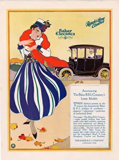 Womens Prints: Baker Electric Cars 1910s USA cc cars womens skirts stripes hats wraps seasons autumn