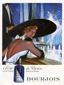 Nineteen Fifties Collection: Bourjois 1951 1950s France womens up hats Paris Eiffel Tower Soir de Paris