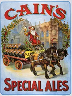 1900s Prints: Cains 1908 1900s UK Cains beer alcohol Father Christmas Santa Claus advert horses