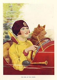 Books Prints: The Girl At The Wheel 1930s UK C. P Shilton mcitnt woman womens drivers cars dogs