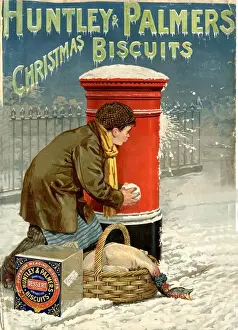 1800s Prints: Huntley and Palmers 1890s UK biscuits post box boxes snowballs snow winter cold
