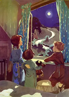 1950s Prints: Infant School Illustrations 1950s UK dressing gowns childrens moonlight bedtime Enid