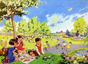 Images Dated 2nd July 2009: Infant School Illustrations 1950s UK parks playing picnics hoops Enid Blyton
