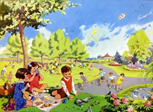 Books Prints: Infant School Illustrations 1950s UK parks playing picnics hoops Enid Blyton
