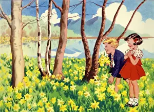 Infant School Illustrations 1950s UK picking flowers Spring seasons daffodils Enid Blyton