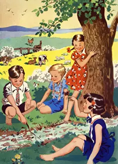 1950s Prints: Infant School Illustrations 1950s UK playing Enid Blyton