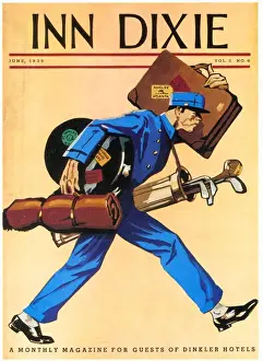 Sports Prints: Inn Dixie 1930s USA golf luggage bell boys magazines