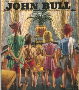 Vacations Prints: John Bull 1946 1940s UK holidays seasons weather raining disasters ruined buckets