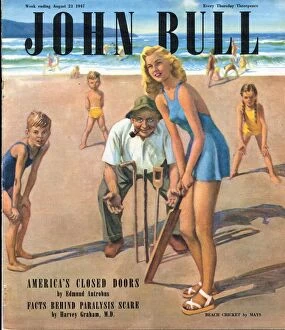 Images Dated 18th November 2003: John Bull 1947 1940s UK holidays beaches seaside sea sand cricket bats fielders games