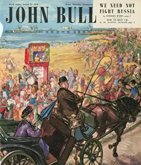 Vacations Prints: John Bull 1948 1940s UK holidays seaside beaches seaside punch and judy show pony