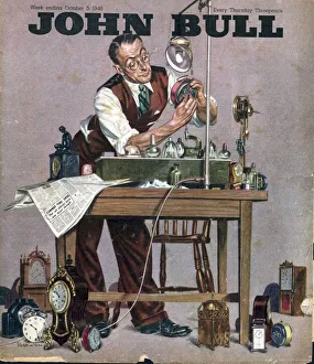 1940s Prints: John Bull 1948 1940s UK watch clock repairing menders man clocks magazines repairs