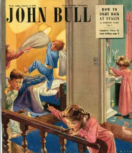 British Prints: John Bull 1949 1940s UK fighting bedtime disasters pillow fights games siblings magazines