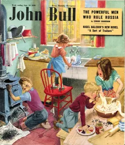 British Prints: John Bull 1949 1940s UK kitchens disasters cooking siblings magazines