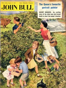 British Prints: John Bull 1950s UK fruit picking bulls disasters magazines blackberry raspberry