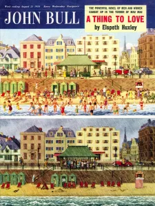 1950s Prints: John Bull 1950s UK holidays seasons weather beaches seaside sea raining storms swimming