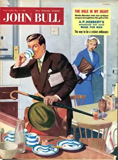 1950s Prints: John Bull 1950s UK tea commuters breakfast magazines commuting to work family