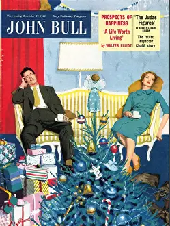 1950s Prints: John Bull 1950s UK trees decorations presents exhausted magazines after tired post