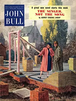 British Prints: John Bull 1952 1950s UK new homes property foundations moving building house house