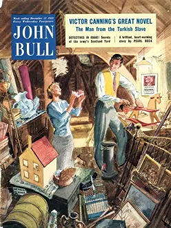 1950s Prints: John Bull 1953 1950s UK attics rocking horses repairing dolls houses lofts magazines
