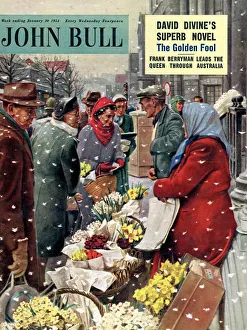 John Bull Prints: John Bull 1954 1950s UK flowers stalls snowing shopping markets winter cold weather