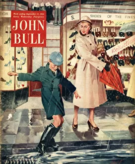John Bull Prints: John Bull 1954 1950s UK mothers sons raining puddles umbrellas shopping wet weather