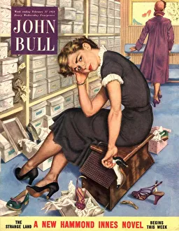John Bull 1954 1950s UK tired fed-up stress exhausted sales assistants shoes sales John Bull 1954 1950s UK tired fed-up stress exhausted sales assistants shoes sales