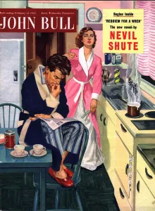 1950s Prints: John Bull 1955 1950s UK cooking reading pyjamas disasters accidents kitchens husbands