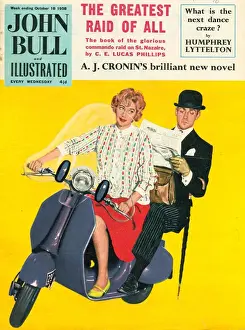 British Prints: John Bull 1958 1950s UK scooters city gents bowler hats commuters magazines commuting