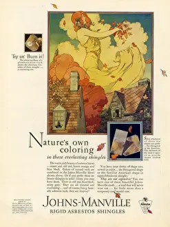 Advertising Prints: Johns-Manville 1927 USA CC asbestos roofing tiles shingles johns manville seasons autumn